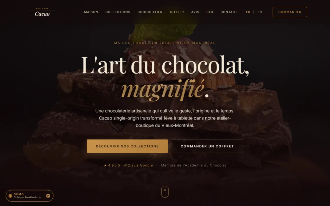 Aperçu de la démo de site Maison Cacao conçue par NEXTIWEB pour un artisan chocolatier