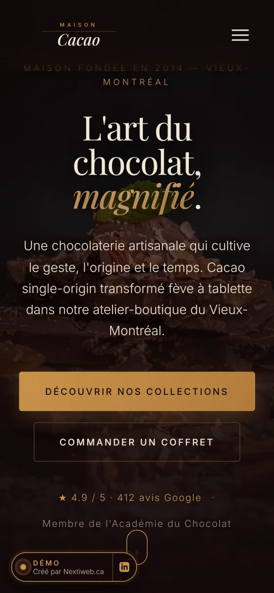 Aperçu mobile de la démo Maison Cacao conçue par NEXTIWEB pour un artisan chocolatier