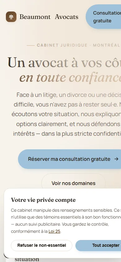 Aperçu mobile de la démo Beaumont Avocats conçue par NEXTIWEB pour un cabinet d'avocats