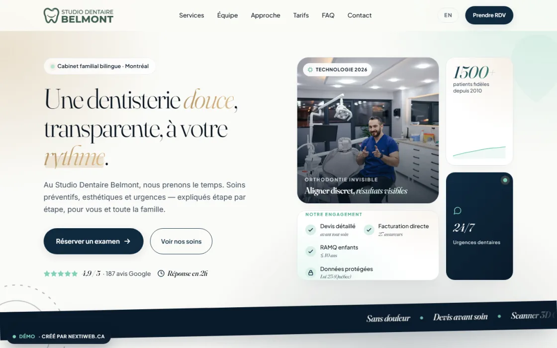 Aperçu de la démo de site Studio Dentaire Belmont conçue par NEXTIWEB pour une clinique dentaire
