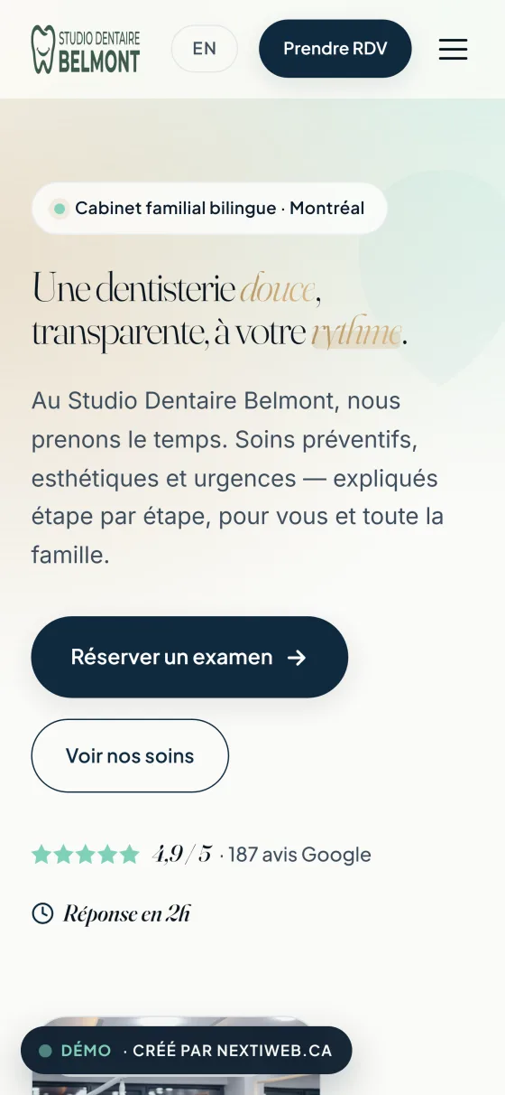 Aperçu mobile de la démo Studio Dentaire Belmont conçue par NEXTIWEB pour une clinique dentaire