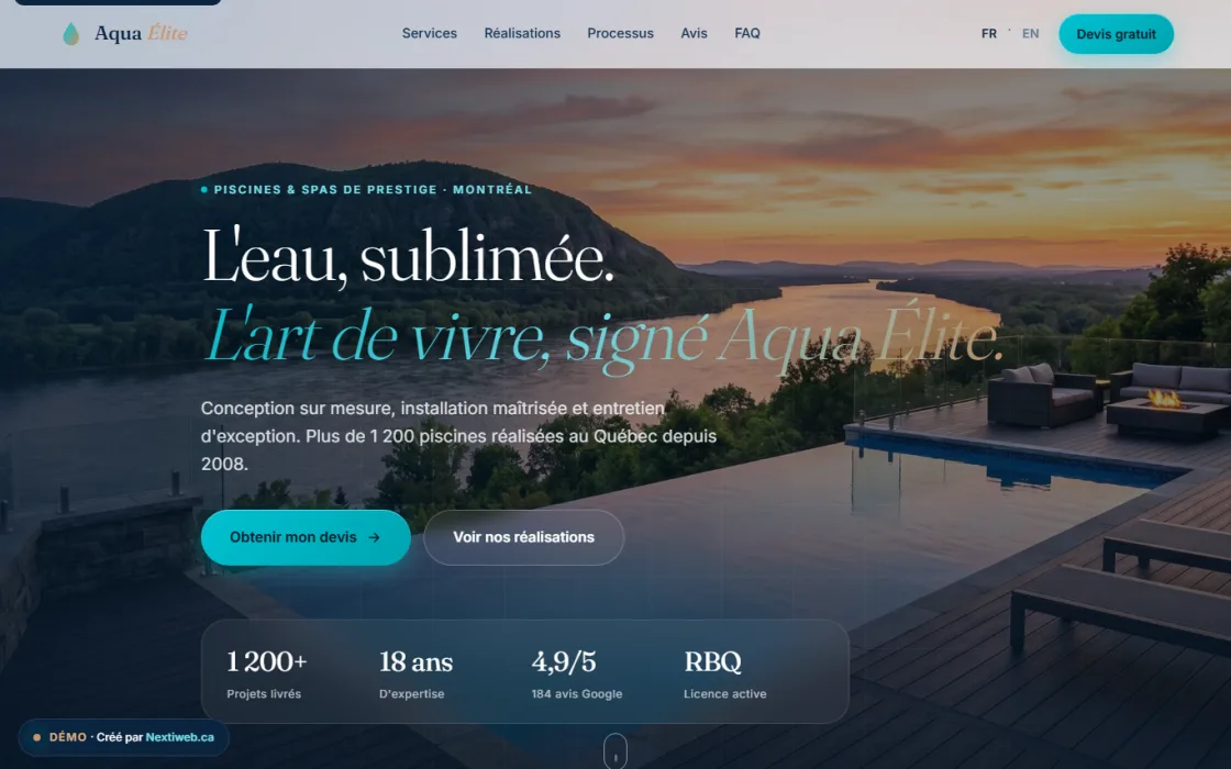 Aperçu de la démo de site Aqua Élite conçue par NEXTIWEB pour la construction et rénovation