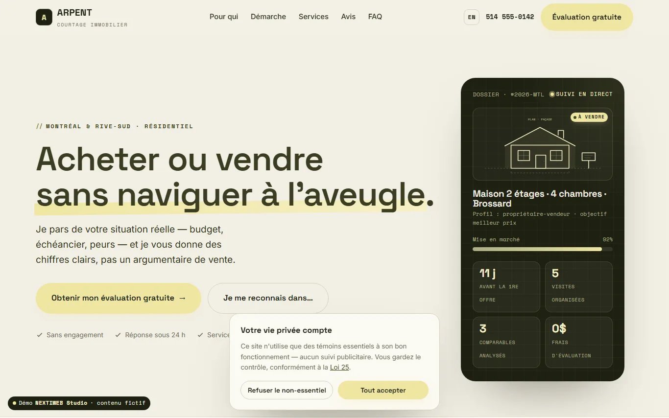 Aperçu de la démo de site Arpent conçue par NEXTIWEB pour un courtier immobilier