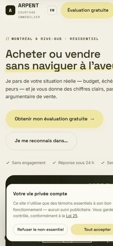 Aperçu mobile de la démo Arpent conçue par NEXTIWEB pour un courtier immobilier