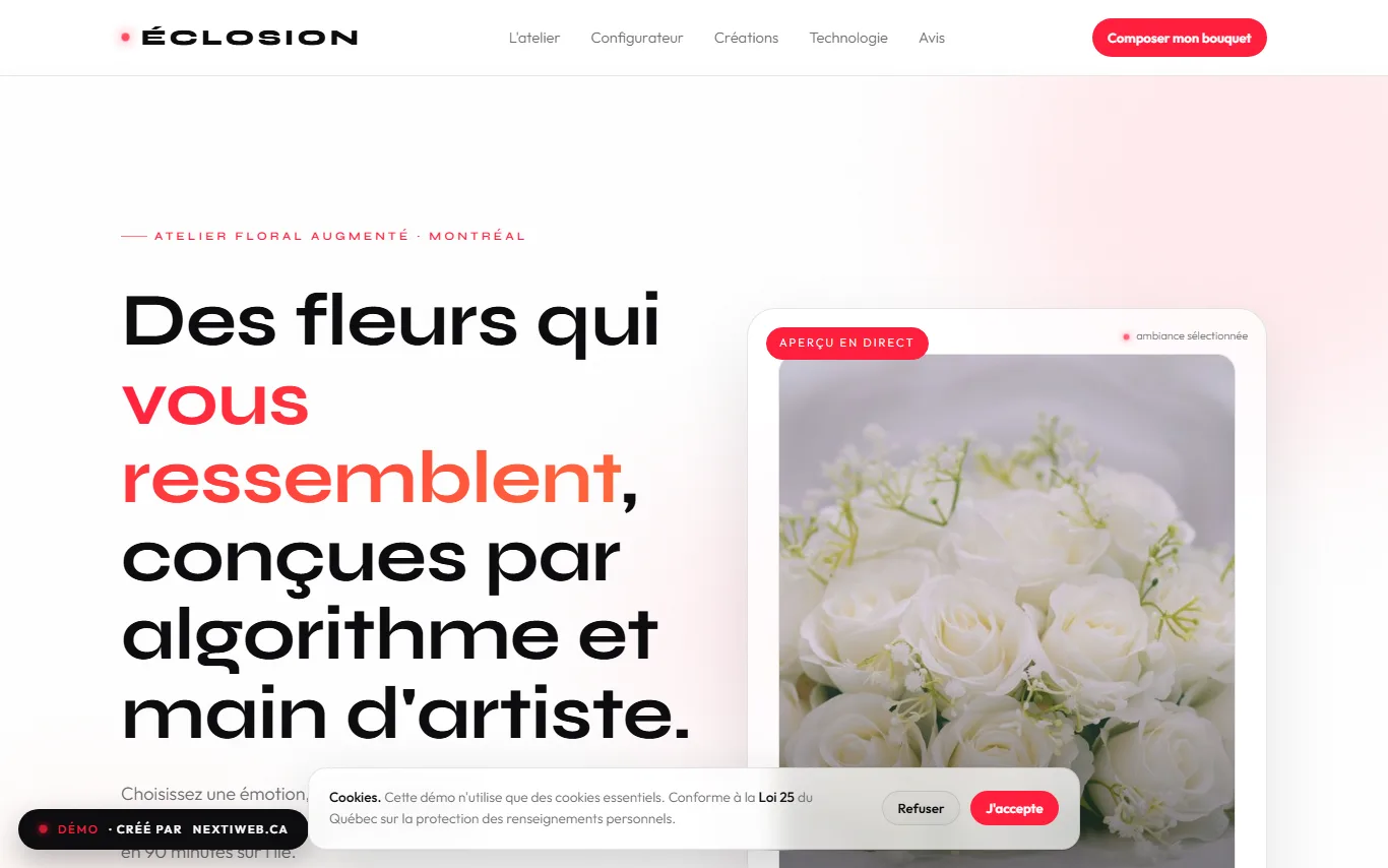 Aperçu de la démo de site Éclosion conçue par NEXTIWEB pour un fleuriste