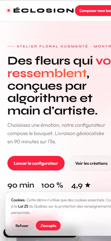 Aperçu mobile de la démo Éclosion conçue par NEXTIWEB pour un fleuriste