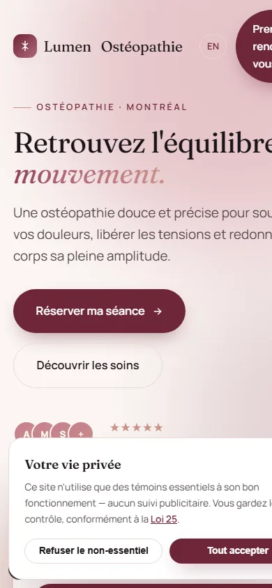 Mobile preview of the Lumen Ostéopathie demo designed by NEXTIWEB for an osteopath