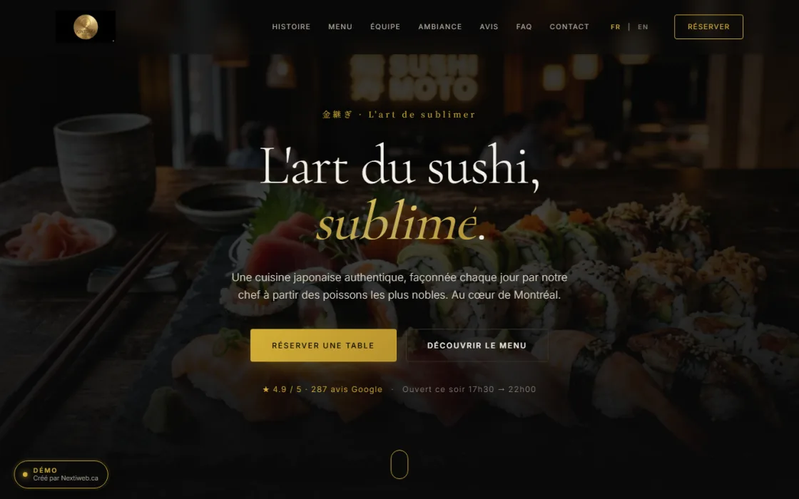 Aperçu de la démo de site Kintsugi Sushi conçue par NEXTIWEB pour un restaurant