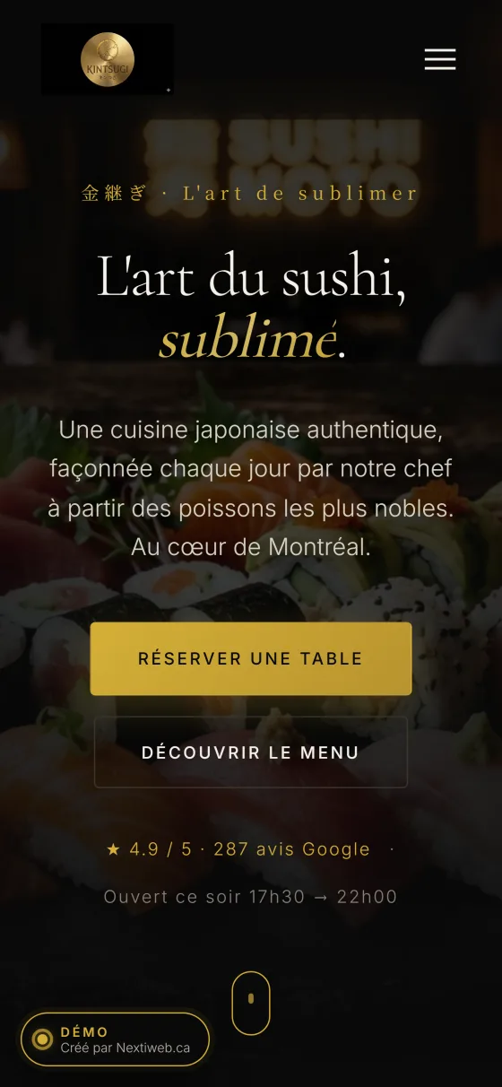 Aperçu mobile de la démo Kintsugi Sushi conçue par NEXTIWEB pour un restaurant