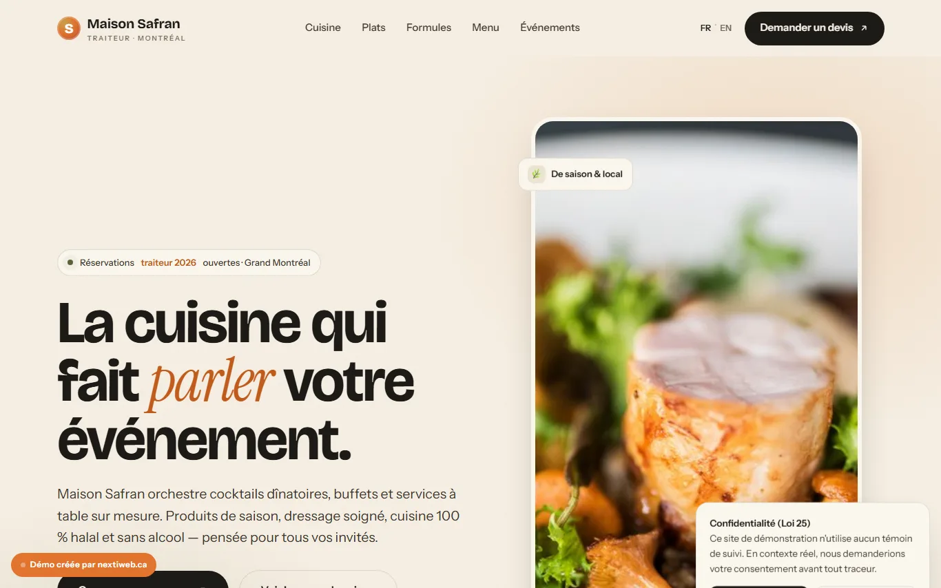 Preview of the Maison Safran demo site designed by NEXTIWEB for a caterer