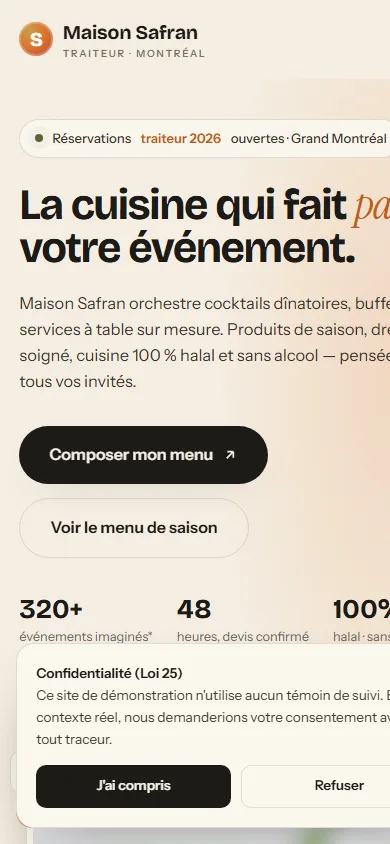 Mobile preview of the Maison Safran demo designed by NEXTIWEB for a caterer